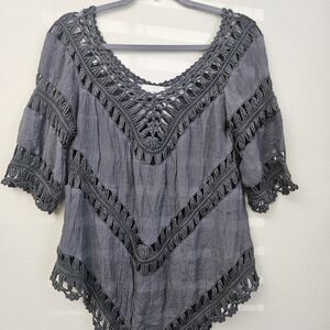 Gray Crochet Trim Women's Top